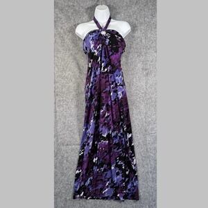 Y2K Halter Maxi Dress Womens 8 Watercolor Artsy Purple Babydoll Resortwear